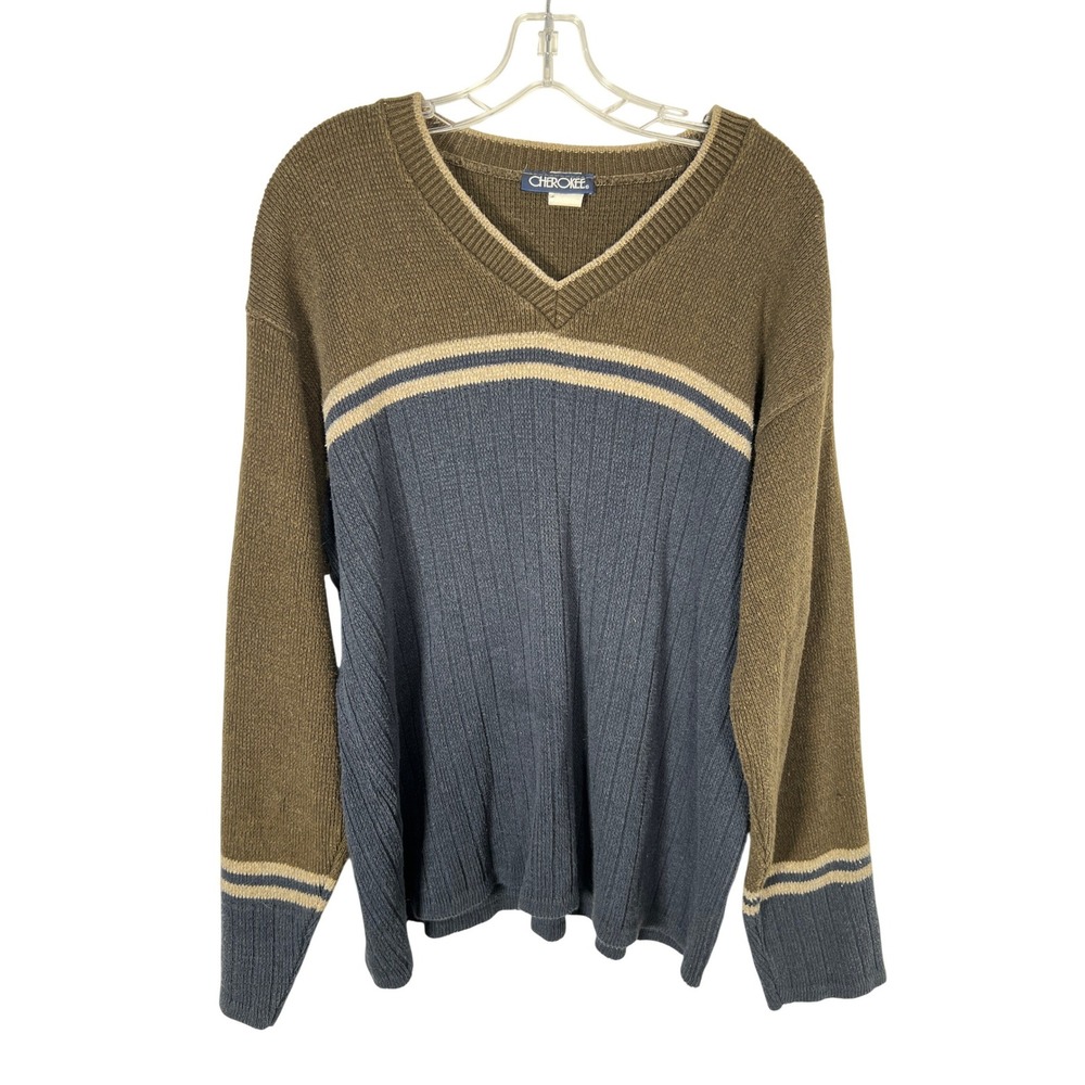 Cherokee Vintage‎ 90s Colorblock V-Neck Sweater Olive Green Blue Academia Large